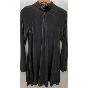 Women Black Velvet Tunic Top Dress Size 8 Long Sleeve Keyhole Neck Stretch Shirt